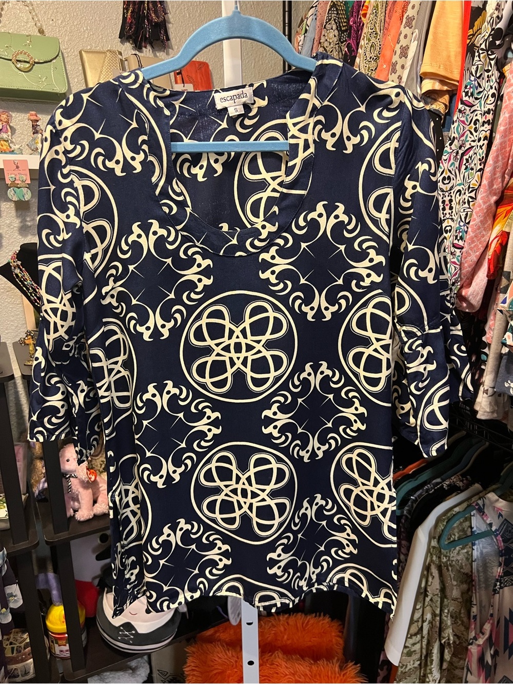 Escapada Navy and Cream Swirl-Print Scoop Neck Tunic